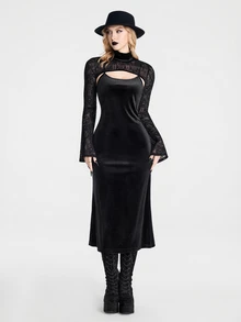 Breakform Gothic Dark Style Slimming Black Velvet Spaghetti Strap Dress - Black - View 4