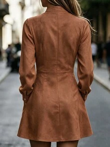 Balvessa Women's Solid Color Notch V-Neck Pocket Casual Dress - Coffee Brown - View 2