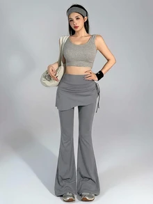 DAZY Summer Korean Style High-Waisted Gray 2 In 1pants With Pleats And Flared Design, Slim Fit, Suitable For Sports, Fitness, Casual Wear, And Commuting. Women's Sports Leggings. - Grey - View 6