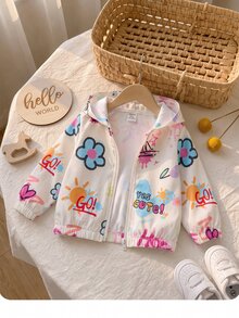 SHEIN 女嬰可愛休閒粉色花卉圖案連帽秋季外套 - 彩色 - 查看 5