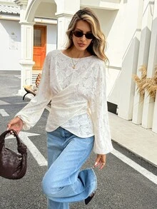 Serisse Women's Sweet Fashion Lace Criss-Cross Pleated Long Sleeve Blouse - Apricot - View 1