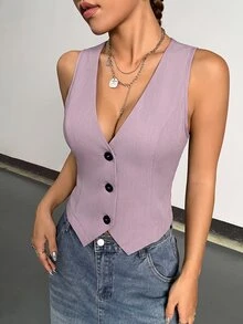Sweetra 女款純色單排扣休閒通勤西裝背心 - 淺粉色 - 查看 3