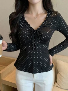 DAZY 女款夏季波點滿版印花抓皺無袖V領套頭休閒背心 - 黑色 - 查看 5