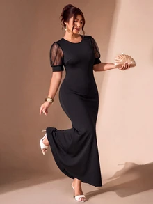 Cravure Women's Round Neck Lantern Short Sleeve Fitted Mermaid Tail Elegant Party Plus Size Dress - Black - View 1