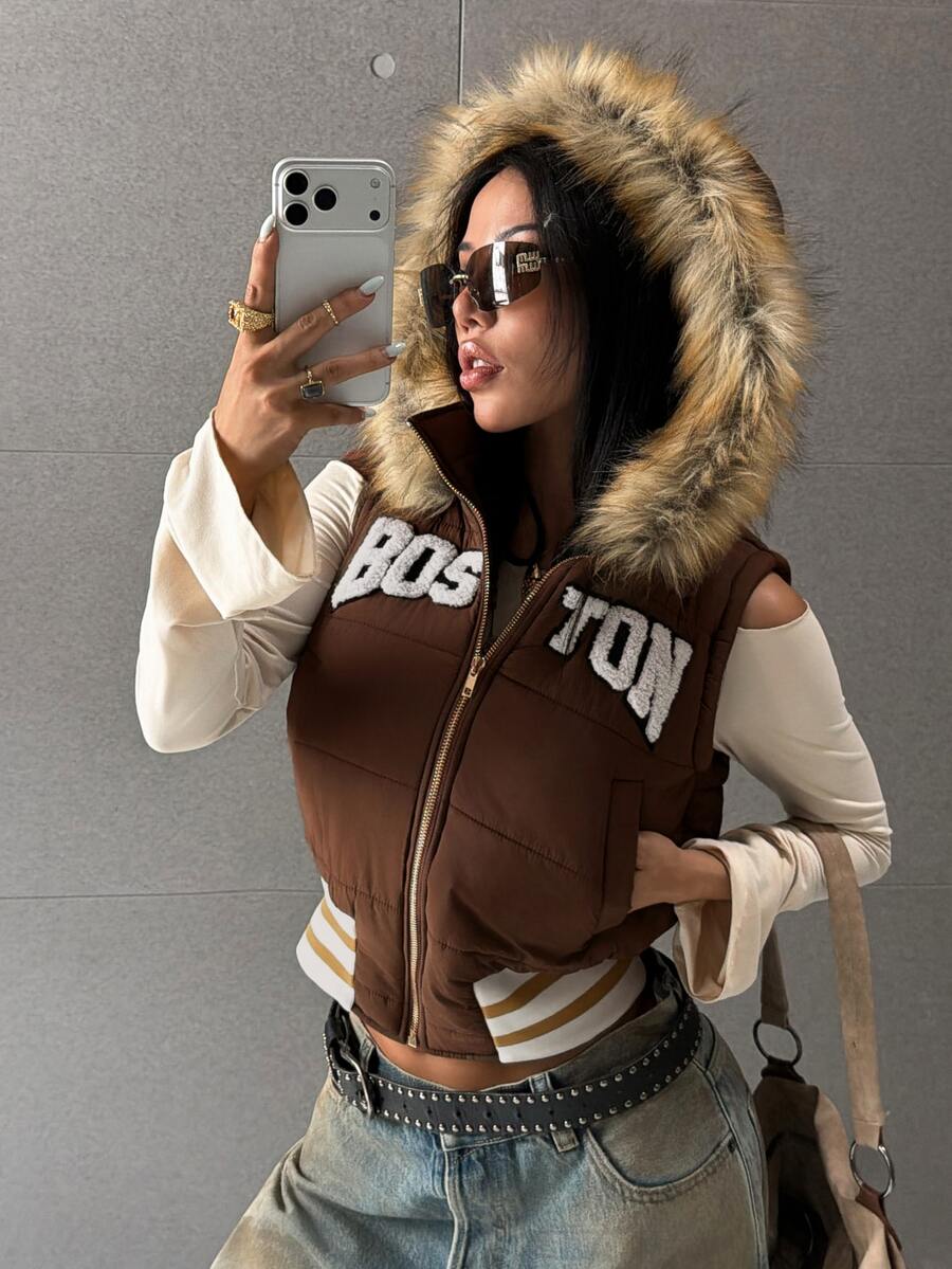 EgrlEra Maillard Style Boston Towel Embroidery Fur Collar Hooded Short Vest Retro Contrast Color Striped Hem Sleeveless Jacket - Brown - View 1