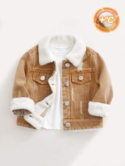 SHEIN Playful Pals Baby Boy Denim Jacket, Autumn/Winter New Arrival, Light Brown Washed, Loose Fit, Fleece Lining For Comfort And Warmth, Fashionable And Versatile, Essential For Stylish Boys, Suitable For Daily Wear, Photos, Shopping, Gatherings, Music Festivals, Vacations And More, 2026 New Baby Boy Denim Jacket