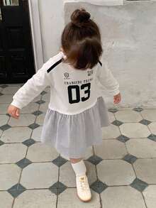 DAZY Infant/Toddler (Girl) Round Neck Striped Patchwork Short Sleeve English Print Dress - White - View 4