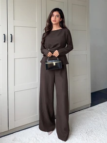 Veilorie Women's Solid Color Metal Decor Long Sleeve Top And Pants Arabic Clothing Set - Coffee Brown - View 5