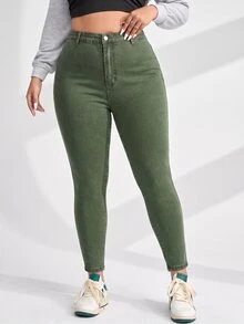 SHEIN ICON 大尺碼女款休閒日常牛仔褲，附口袋與鈕扣設計 - 軍綠色 - 查看 2