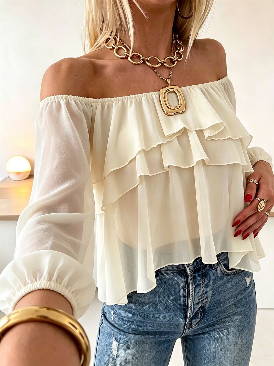 Cévolie French Style Ruffle Off-Shoulder Top - Apricot - View 1