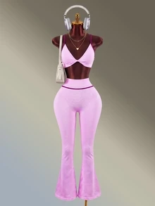 Amplova Women's Colorblock Pleated Camisole Top And High-Waisted Leggings Casual Daily Sports Set - Pink - View 6