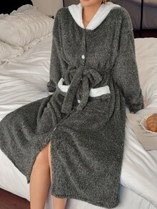 Napfluff Women's Winter Long Sleeve Cartoon Design Hooded Cute Plush Robe - Grey - View 5