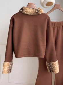 Comfortcana Women's Vintage Faux Fur Patchwork Cuff Button Jacket - Brown - View 2
