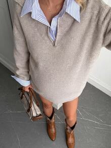 DAZY Solid Color Loose Long Sleeve Collared Zip-Up Casual Daily Vacation Korean Style Autumn/Winter Pullover Knit Sweater Maternity - Grey - View 4