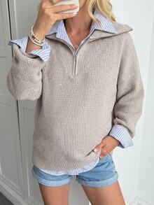 DAZY Solid Color Loose Long Sleeve Collared Zip-Up Casual Daily Vacation Korean Style Autumn/Winter Pullover Knit Sweater Maternity - Grey - View 5