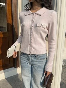 FavEase Women's Autumn/Winter Casual Youthful Horizontal Pocket Lace Patchwork Knit Cardigan - Pink - View 5