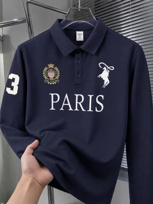 SHEIN 青少年男孩休閒字母印花翻領半開襟針織 Polo 衫套頭衫 - 藏蓝色 - 查看 4