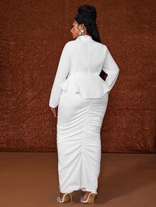 Maweii Plus Size Long Sleeve Elegant Pleated Bodycon French Style Commuter Blazer Suit Set - White - View 6