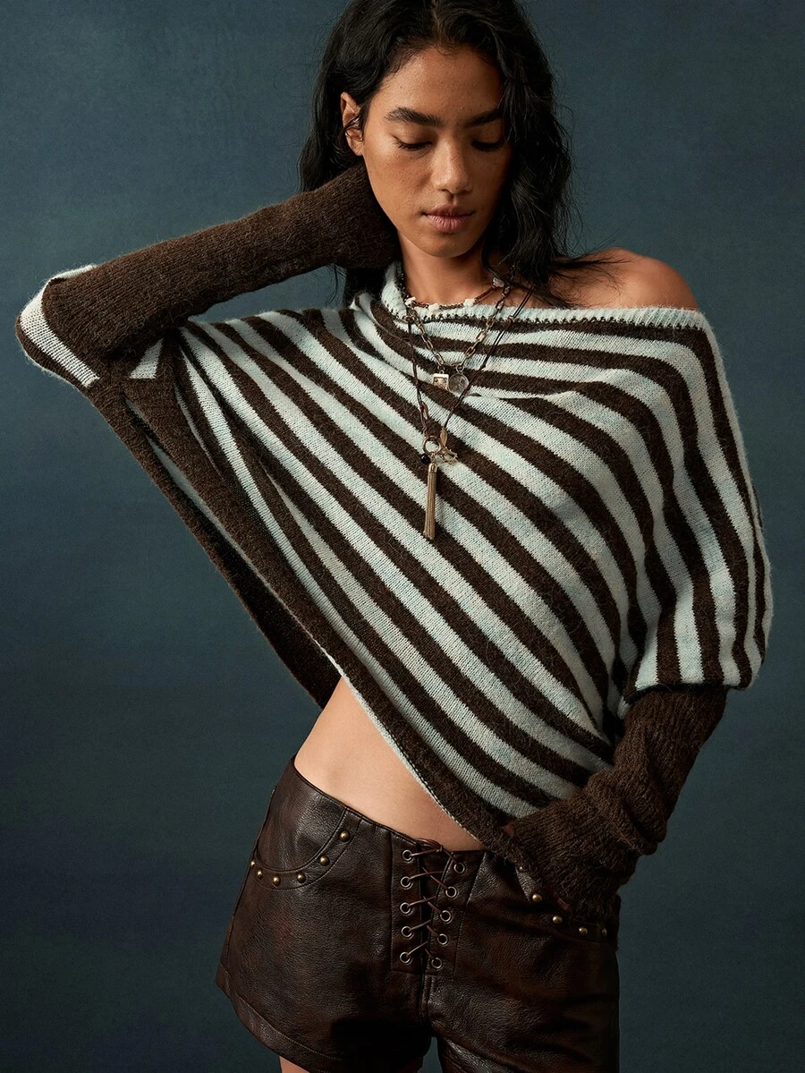Bohemela Vintage Asymmetrical Colorblock Knit Pullover Sweater Shawl - Multicolor - View 1