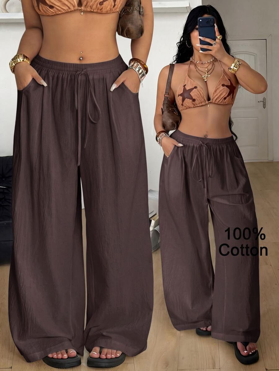 Coolane 大尺碼女款純色口袋休閒寬腿褲,適合日常穿著 - 棕色 - 查看 1