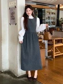 DAZY 女款純色圓領無袖休閒長洋裝 - 灰色 - 查看 6