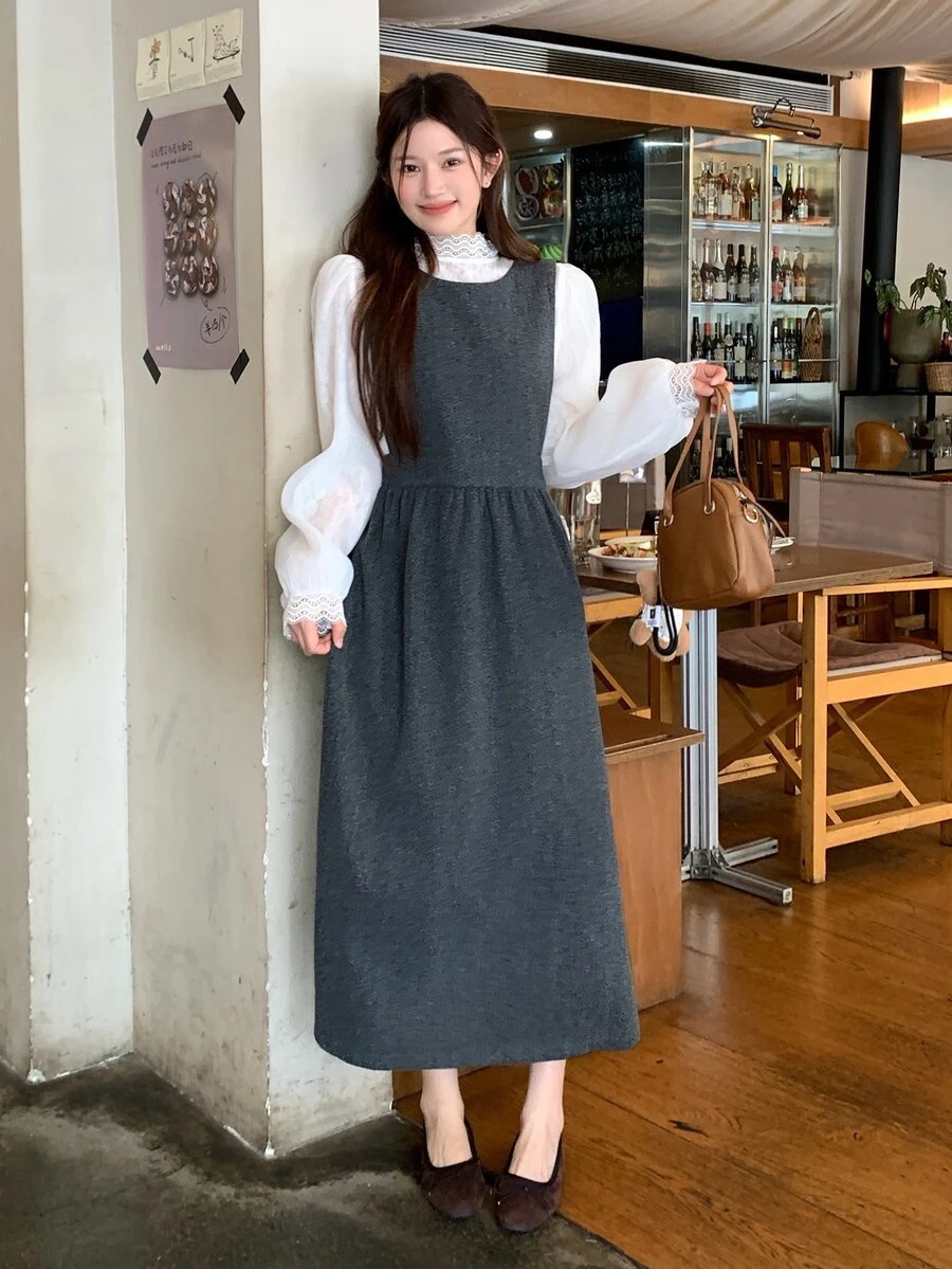 DAZY Đầm dài nữ màu trơn cổ tròn không tay phong cách thường ngày - Xám - Xem 1