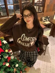 DAZY Women's Round Neck Casual Letter Print Autumn/Winter Long Sleeve Korean Style Colorblock Sweater - Coffee Brown - View 5