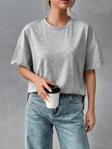 SHEIN Essnce 純棉舒適女款極簡基本款前短後長T恤，時尚百搭，適合外出、穿搭、旅行、度假 - 灰色 - 查看 6