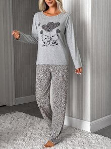 SHEIN %100 Cotton Women 2 Pcs Sleeveless Leopard Heart Cartoon Patterned Sleep Top + Elastic Waist Relaxed - Multicolor - View 3