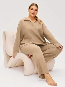 LUVLETTE Piyama Wanita Ukuran Plus Musim Gugur, Bahan Katun Lembut Waffle, Lengan Panjang & Celana Panjang, Set Piyama Santai 2 Potong dengan Kantong, Celana dengan Kantong, Piyama Musim Gugur - Aprikot - View 9