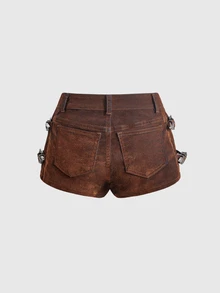 ROMWE Hippie Hot Girl Brown Flocked Metal Buckle Denim Shorts For Women - Brown - View 2