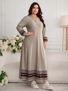 Al Najma Plus Size Women's Patchwork Geometric Print Long Sleeve Button Design Casual Arabian Dress - Light Grey - View 8