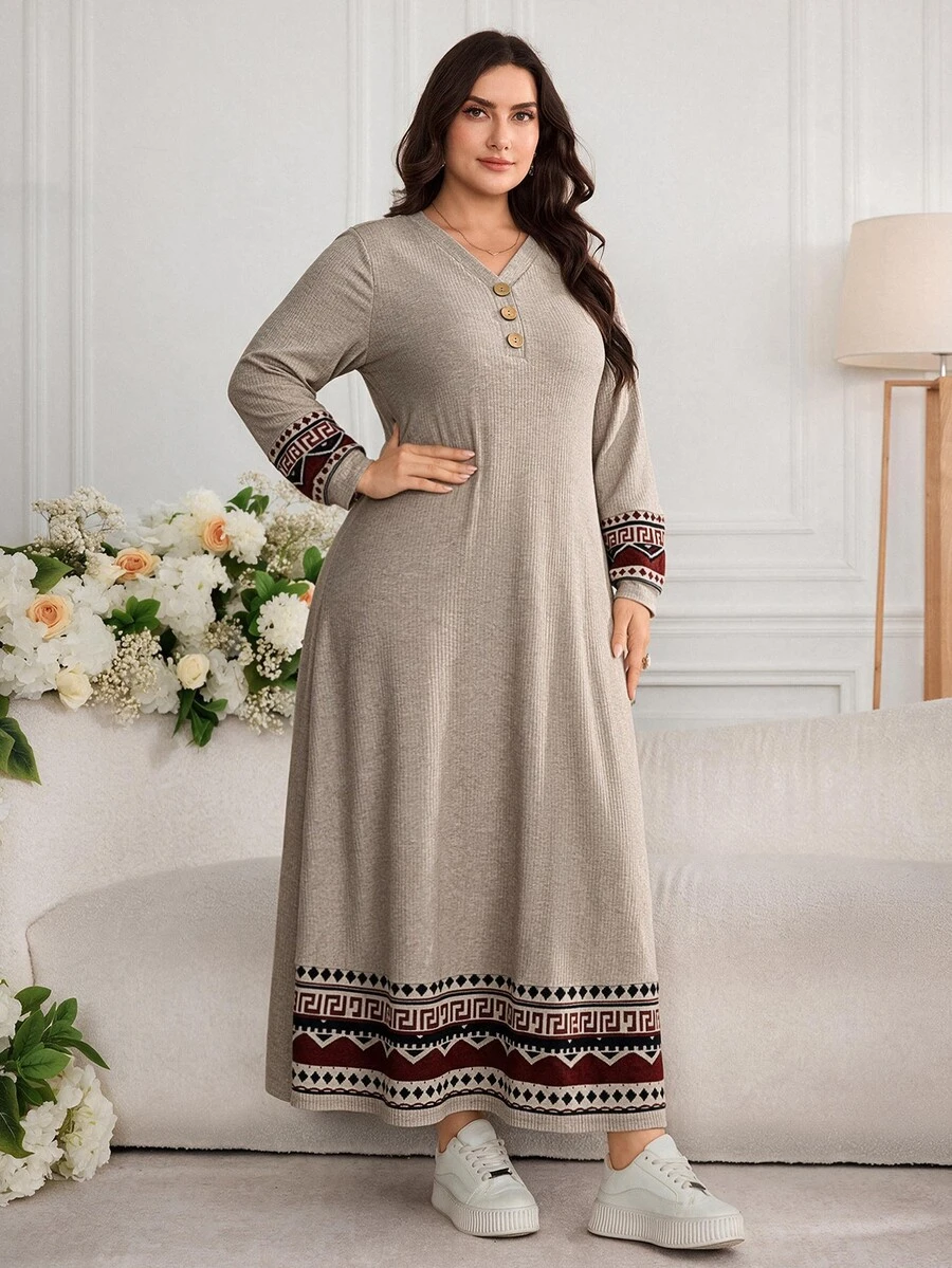 Al Najma Plus Size Women's Patchwork Geometric Print Long Sleeve Button Design Casual Arabian Dress - Light Grey - View 1