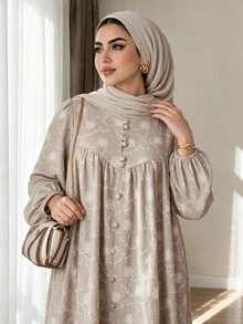 Veilorie Plus Size Women's Embroidered Long Sleeve Button Design Elegant Arabian Dress - Khaki - View 5