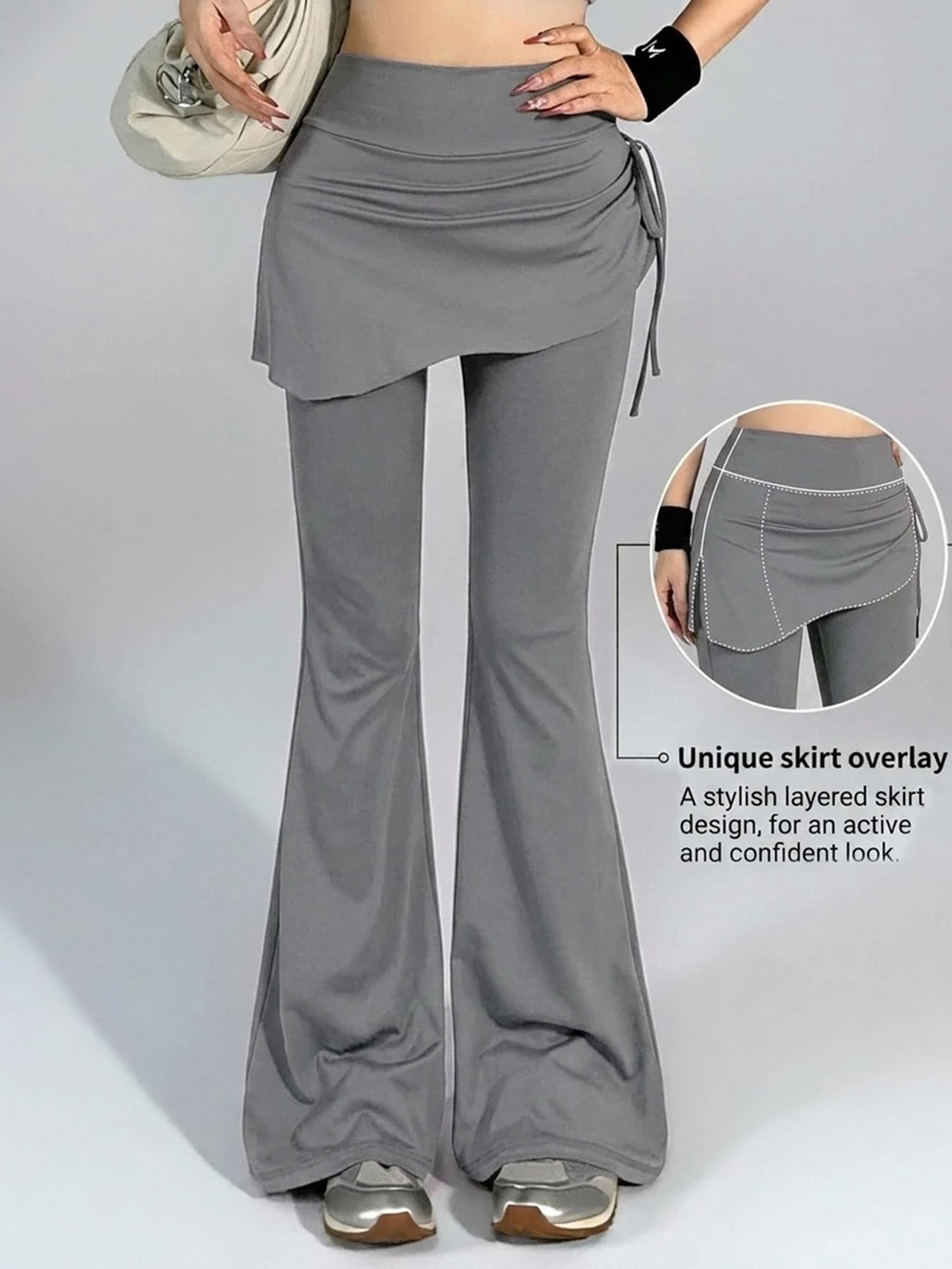 DAZY Summer Korean Style High-Waisted Gray 2 In 1pants With Pleats And Flared Design, Slim Fit, Suitable For Sports, Fitness, Casual Wear, And Commuting. Women's Sports Leggings. - Grey - View 1