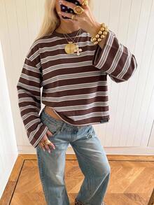 SHEIN EZwear Women's Fashion Striped Colorblock Denim T-Shirt Streetwear - Brown - View 3