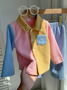 2pcs Baby Boy & Girl Toddler Autumn/Winter Colorblock Corduroy Long Sleeve Shirt & Elastic Waist Pants Set, Versatile & Comfortable - Multicolor - View 5