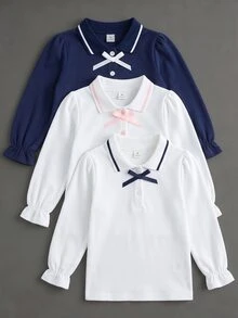 Elladie kids 女童 3 件組蝴蝶結長袖 Polo 衫，條紋立領精緻圓鈕扣，長袖 T 恤，基本素色修身 T 恤，適合返校季 - 彩色 - 查看 1