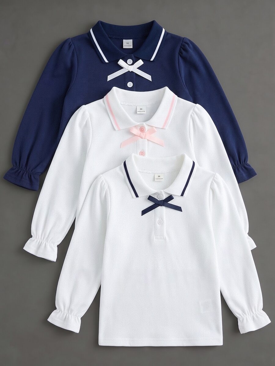 Elladie kids 女童 3 件組蝴蝶結長袖 Polo 衫,條紋立領精緻圓鈕扣,長袖 T 恤,基本素色修身 T 恤,適合返校季 - 彩色 - 查看 1