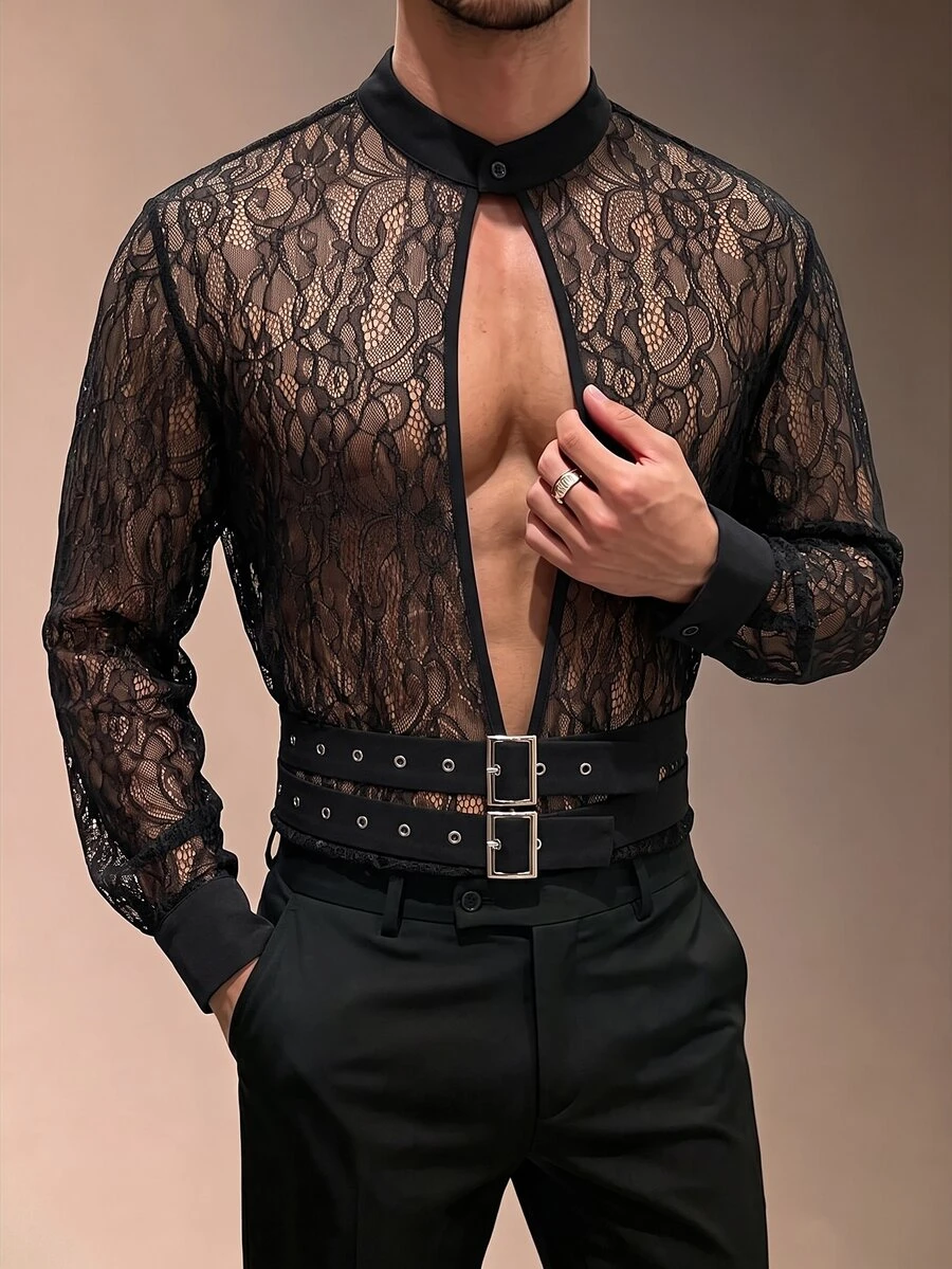 ZURIURI 男士透視蕾絲精緻時尚襯衫 - 黑色 - 查看 1