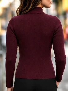 Linhara CURVE Plus Size Women's Solid Color Casual Daily Long Sleeve Sweater - Burgundy - View 2