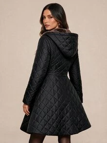 Amorya Women's Long Sleeve Zipper Front Thermal Lined Hooded Winter Jacket - Black - View 2