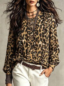Trelyra Vintage French Style Long Sleeve Brown Leopard Print Ruffle Trim Single-Breasted Blouse, Suitable For Women, Brown Shirt, Autumn Style, Elegant Style, Holiday Outfit, Ruffle Top - Brown - View 4
