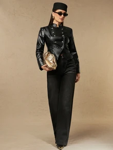 Silquee This Black PU Long-Sleeve Casual Jacket Features Broad Shoulders And A Double-Breasted Metal-Button Design, Blending Fashion-Forward Appeal With A Ret - Black - View 5
