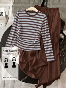 SHEIN PETITE Striped Long‑Sleeve Ruched Top & Solid Wide‑Leg Pants 2‑Piece Set Casual Slim Fit Women Outfit - Multicolor - View 1