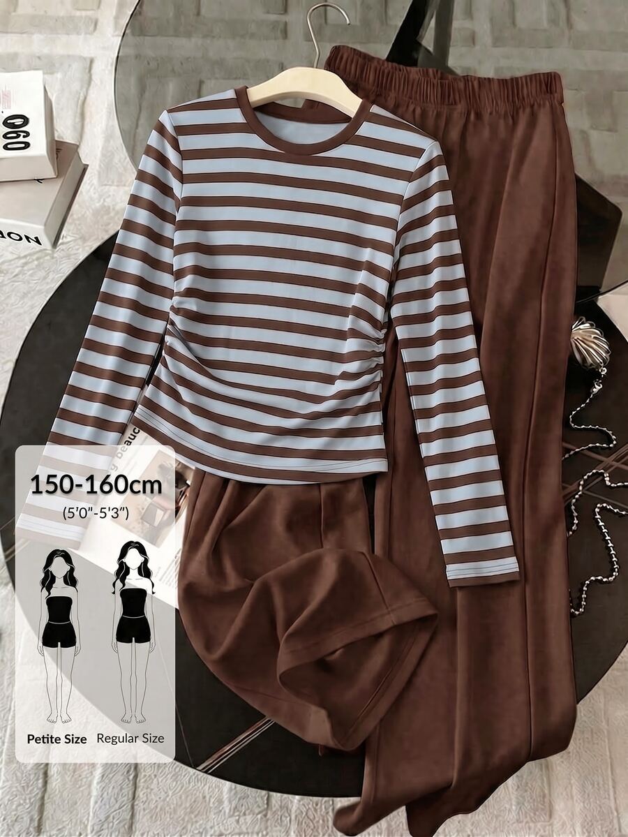 SHEIN PETITE Striped Long‑Sleeve Ruched Top & Solid Wide‑Leg Pants 2‑Piece Set Casual Slim Fit Women Outfit - Multicolor - View 1