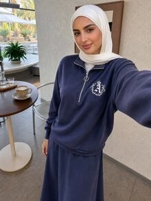 Solavon Women's Embroidered Zipper Half-Placket Sweatshirt And Long Skirt Arabic Outfit Set - Blue - View 2