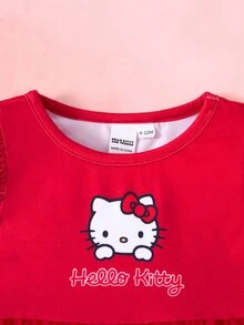 HELLO KITTY AND FRIENDS | SHEIN Gaun Bayi Perempuan Warna Polos Lengan Flutter Kerah Bulat Motif Kartun dengan Kelim Mesh - Merah - View 4