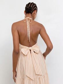 Maija Women's Halter Neck Striped Pattern High Waist Ruffle Hem Open Back Dress Beach Vacation Pink Stripe Summer Tropical Boho - Coffee Brown - View 2