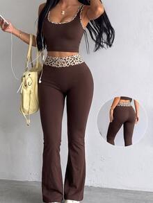 SHEIN Sovereign Charm Seamless Yoga Leggings / Leopard Print Waistband Contrast / Fashionable & Sexy / Comfortable & Versatile - Coffee Brown - View 1
